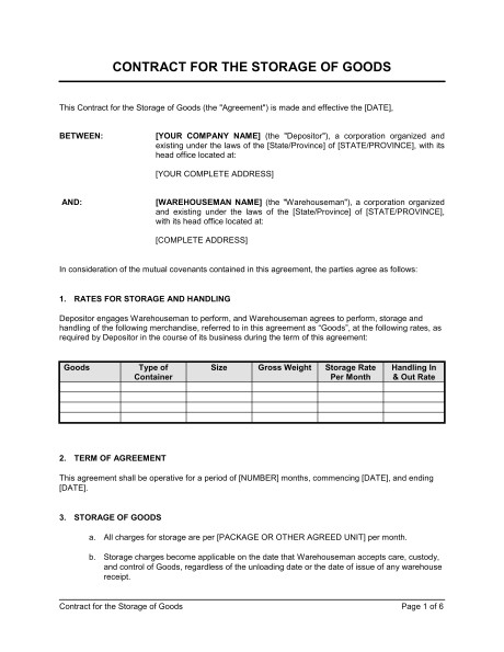 Storage Contract Template Contract for the Storage Of Goods Template Word Pdf