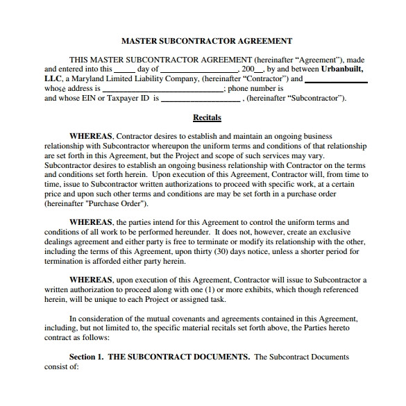 Subcontracting Contract Template Sample Subcontractor Agreement 17 Free Documents