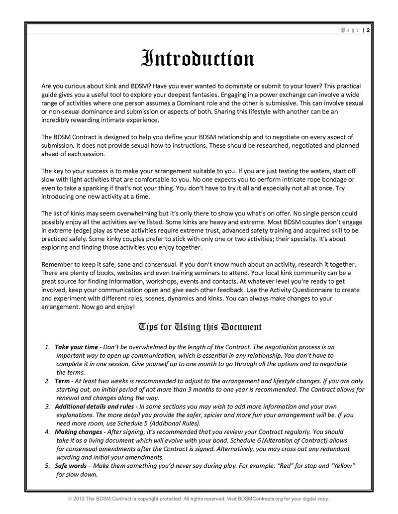 Submissive Contract Template Bdsm Dominant Submissive Contract