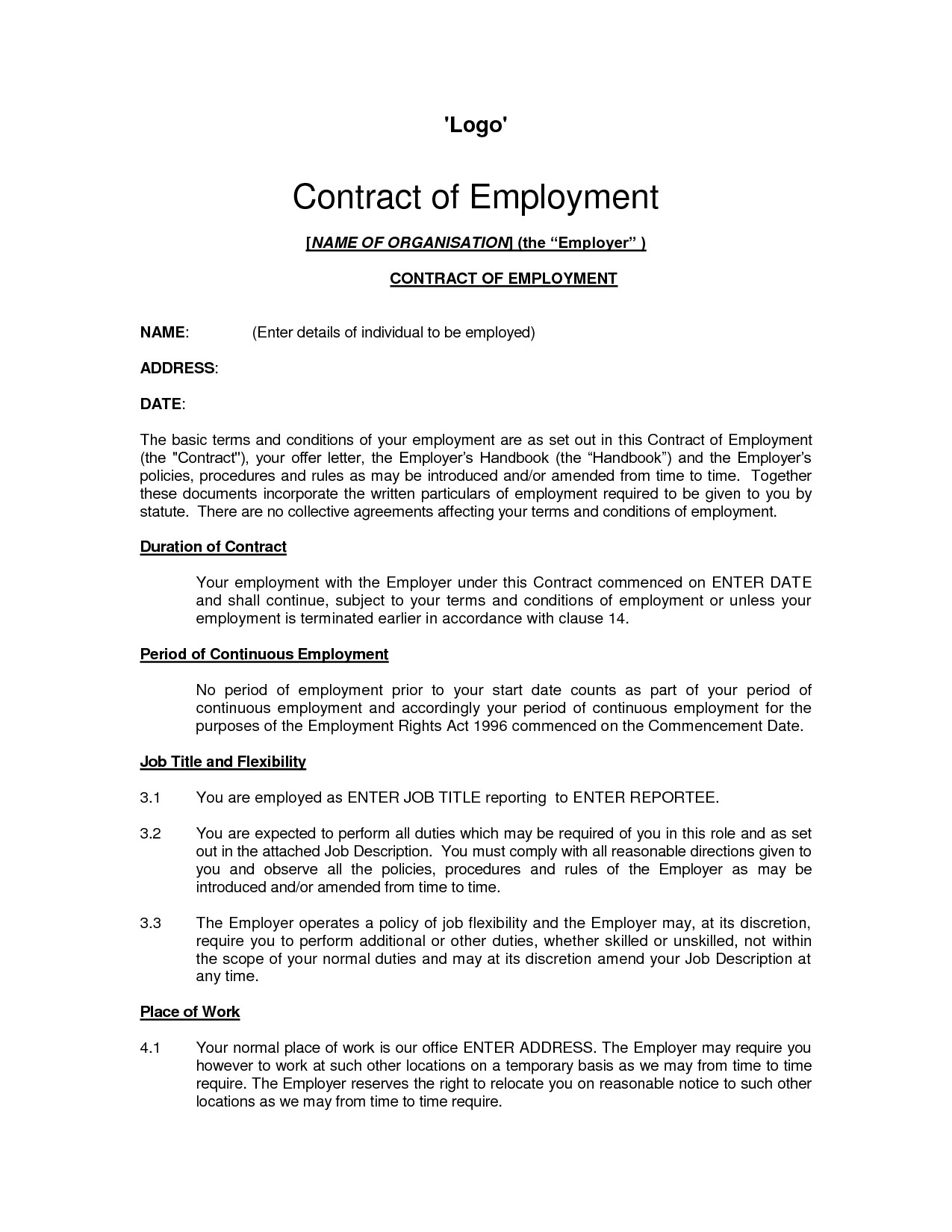 Template for Contract Of Employment Free Printable Employment Contract Sample form Generic