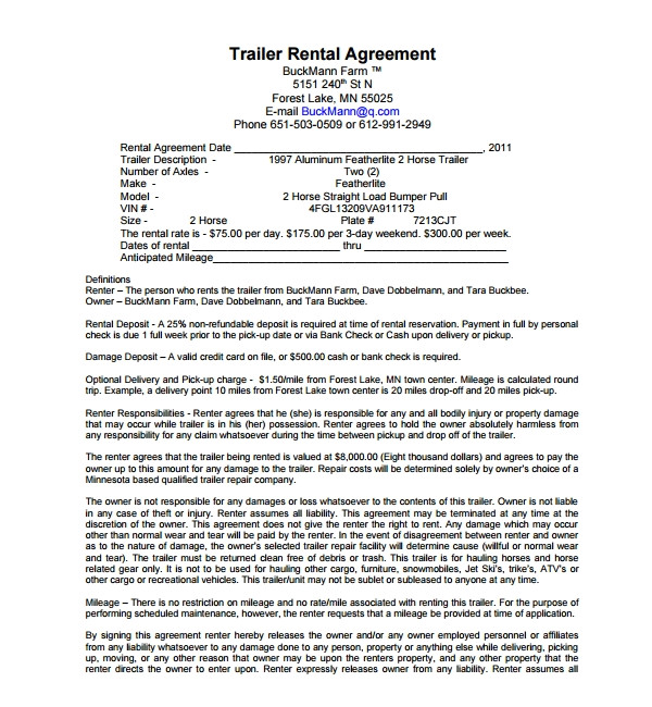 Trailer Rental Contract Template 11 Trailer Rental Agreement Templates Pdf
