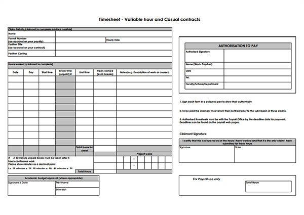 Variable Hours Contract Template 10 Hours Worked Calculator Templates