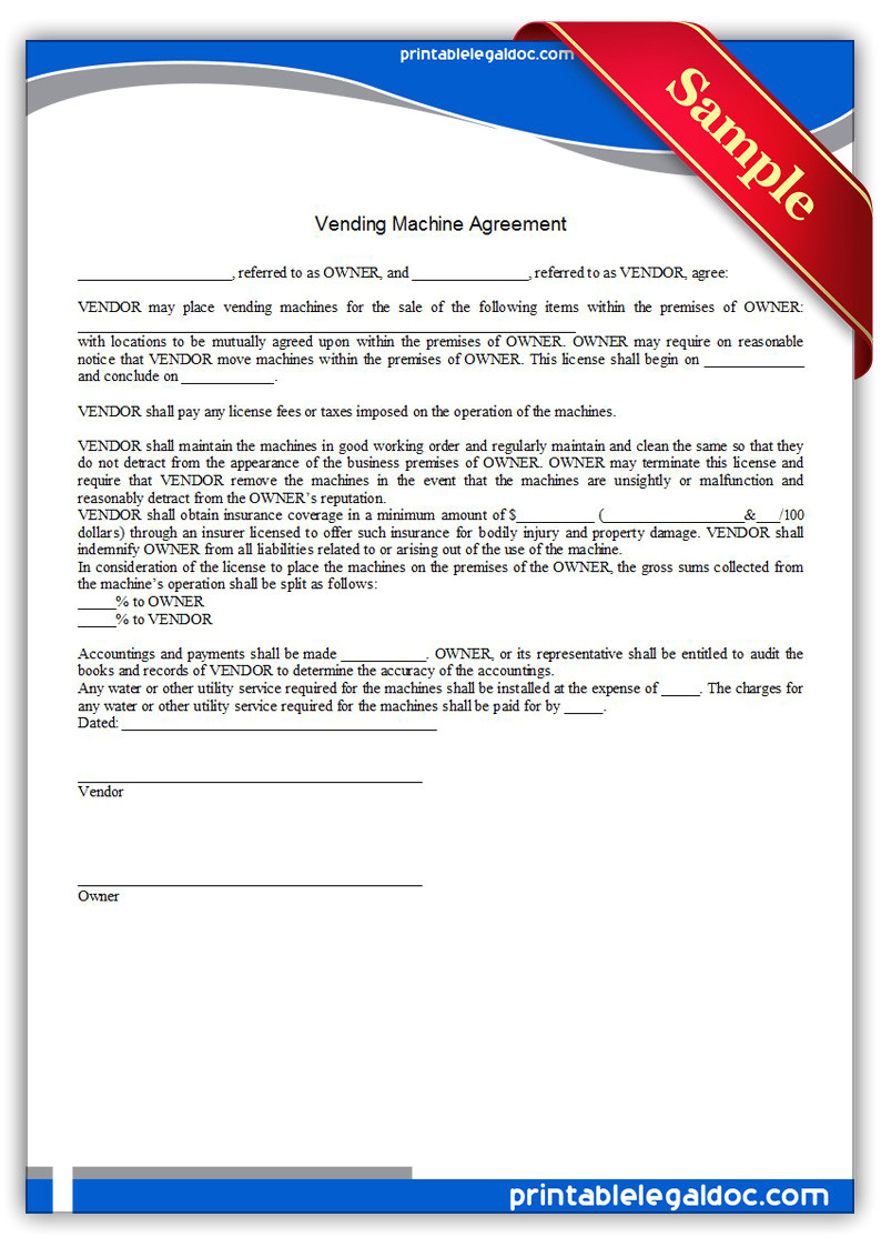 Vending Machine Contract Template Free Printable Vending Machine Agreement form Generic