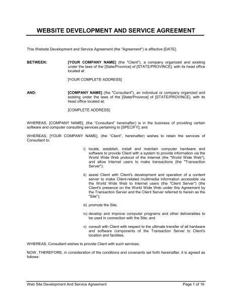 Web Service Contract Template Web Site Development and Service Agreement Template