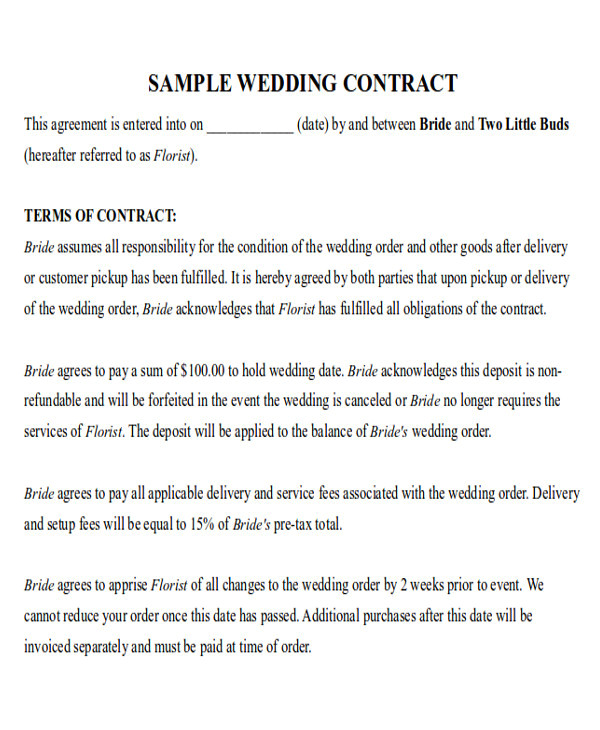 Wedding Flower Contract Template Sample Wedding Contract Agreements 9 Examples In Word Pdf