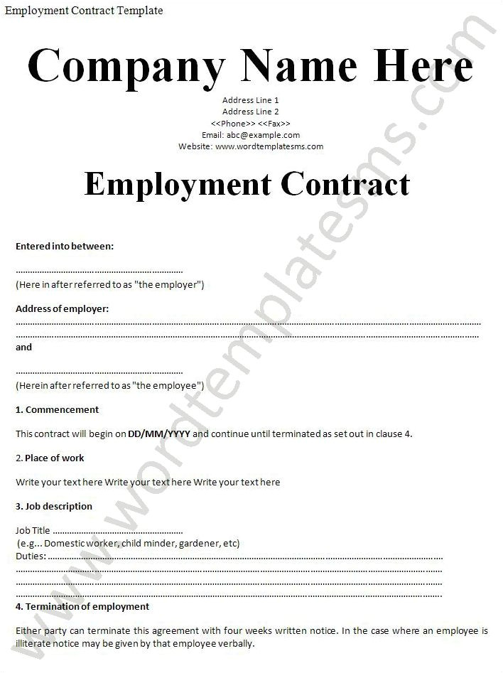 Workers Contract Template Printable Sample Employment Contract Sample form Laywers