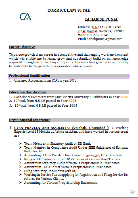 Account Fresher Resume format Accounts Resume format In Word