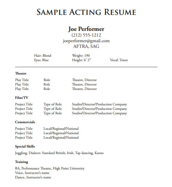 Acting Resume Sample Free 18 Useful Sample Acting Resume Templates In Pdf