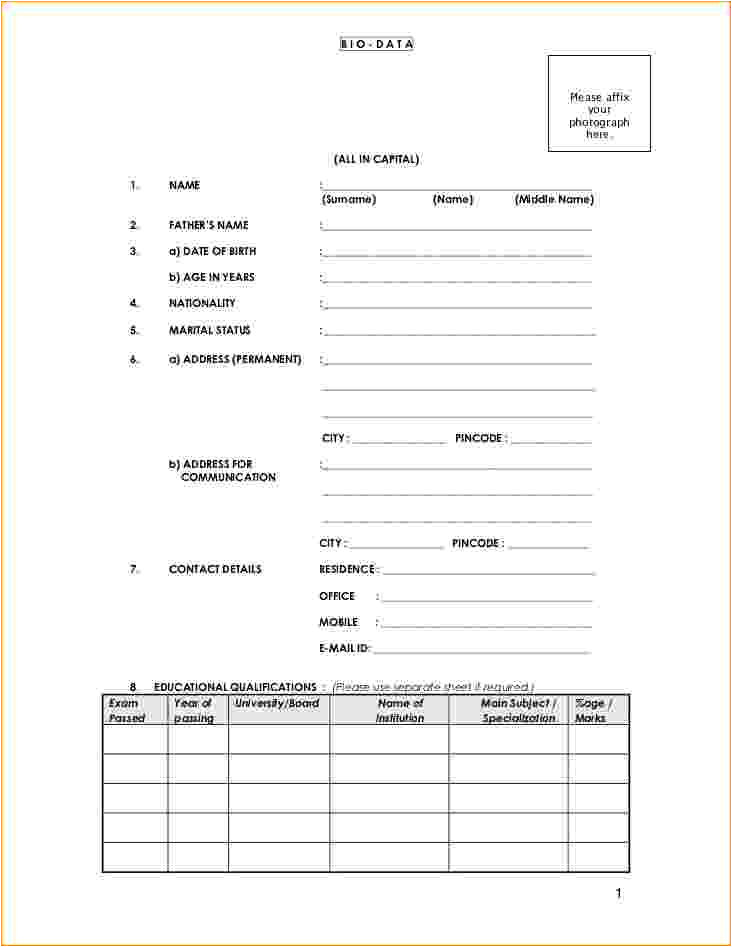 Application for A Job with A Bio Data or Resume Collection Of Biodata form format for Job Application Free