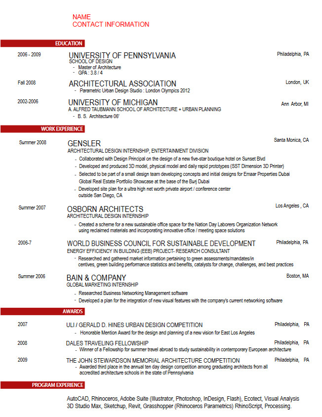 Architecture Student Resume Career Services Sample Resumes for Penndesign Students