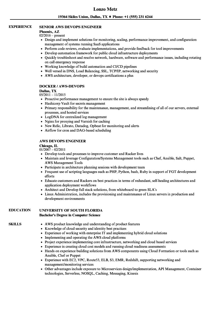 Aws Fresher Resume format Aws Devops Resume Samples Velvet Jobs