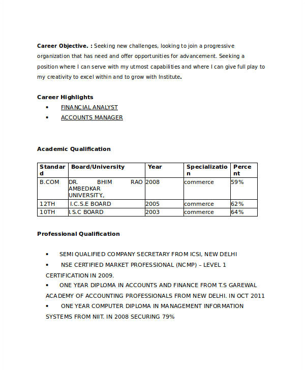 B Com Fresher Resume format Doc 21 Fresher Resume Templates Pdf Doc Free Premium