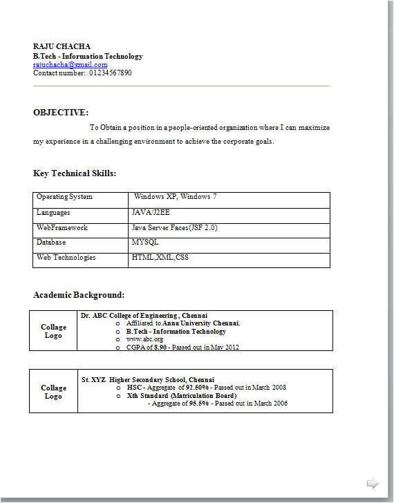 B Com Resume format Word B Tech Freshers Resume format