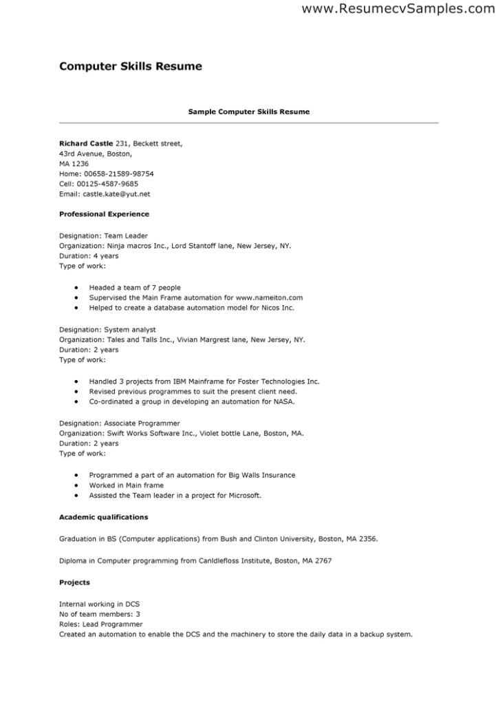 Basic Computer Skills Description For Resume