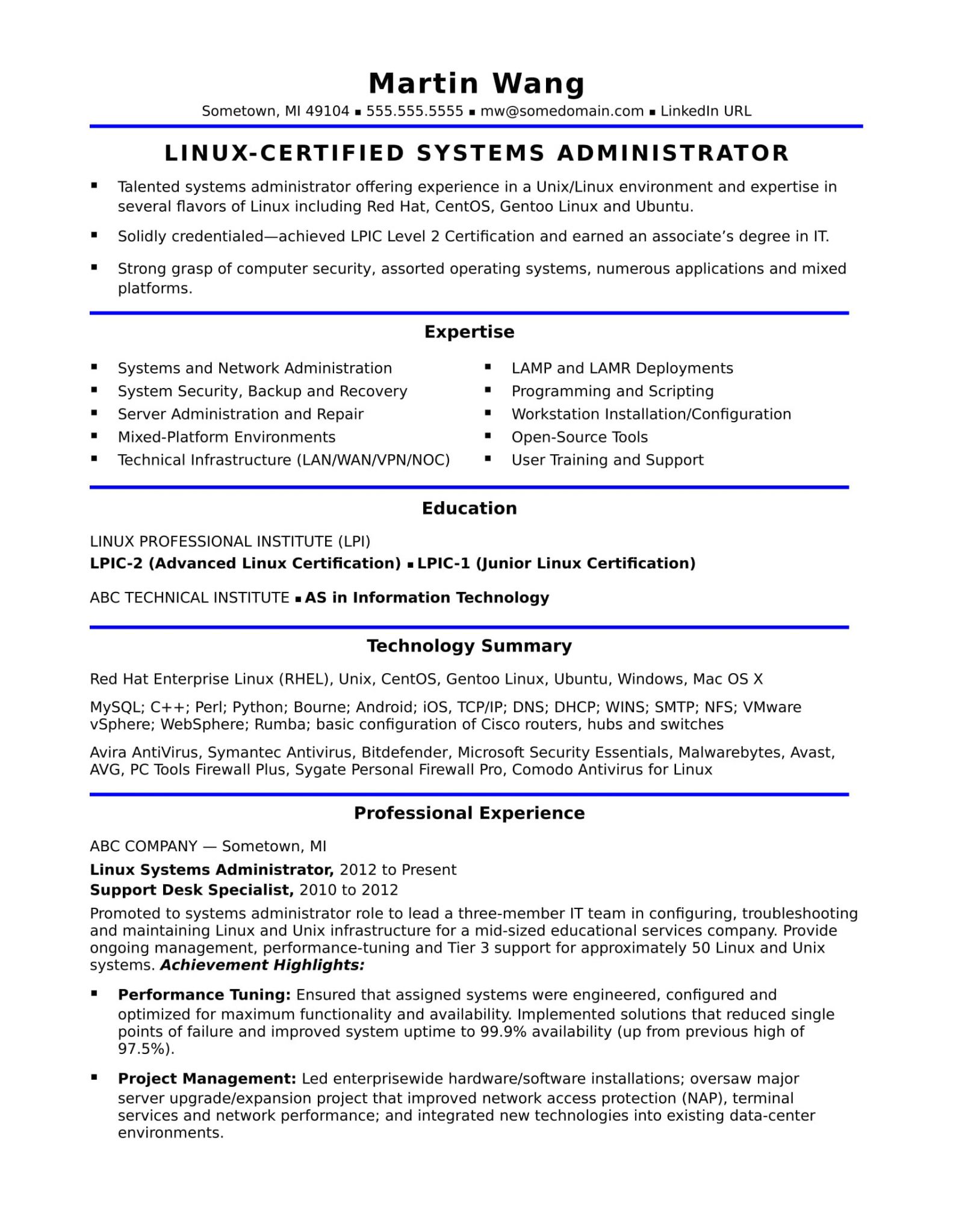 Basic Linux Resume Sample Resume for A Midlevel Systems Administrator ...