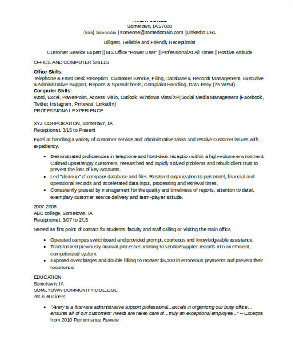 Basic Receptionist Resume 10 Receptionist Resumes Free Sample Example format