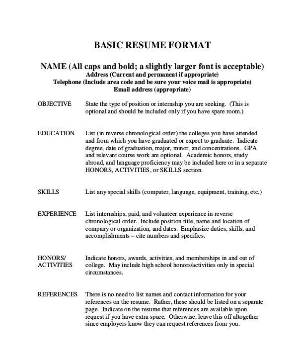 Basic Resume format Basic Resume Samples Examples Templates 8 Documents