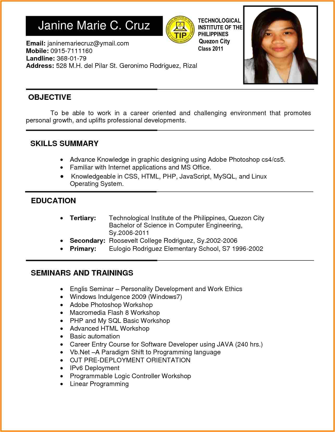 Basic Resume In Philippines 6 Example Of Filipino Resume format Penn Working Papers