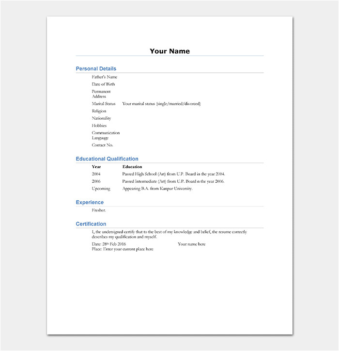 Basic Simple Resume format for Freshers Resume Template for Freshers 18 Samples In Word Pdf