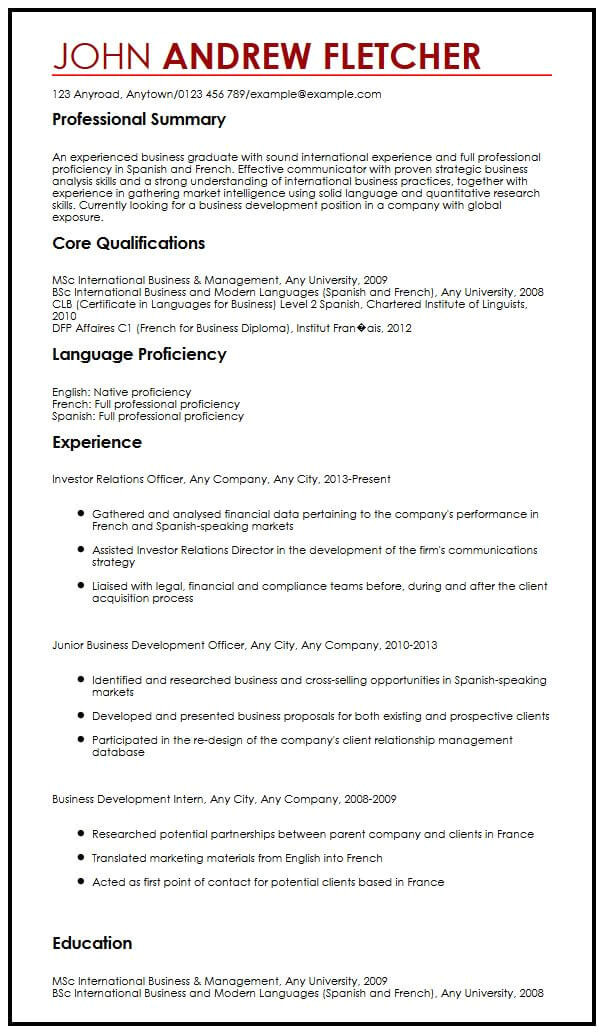 Basic Understanding Language Resume Cv Sample with Language Skills Myperfectcv