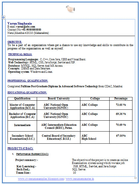 Bca Fresher Resume format Download Pdf Resume format Resume format Download for Bca