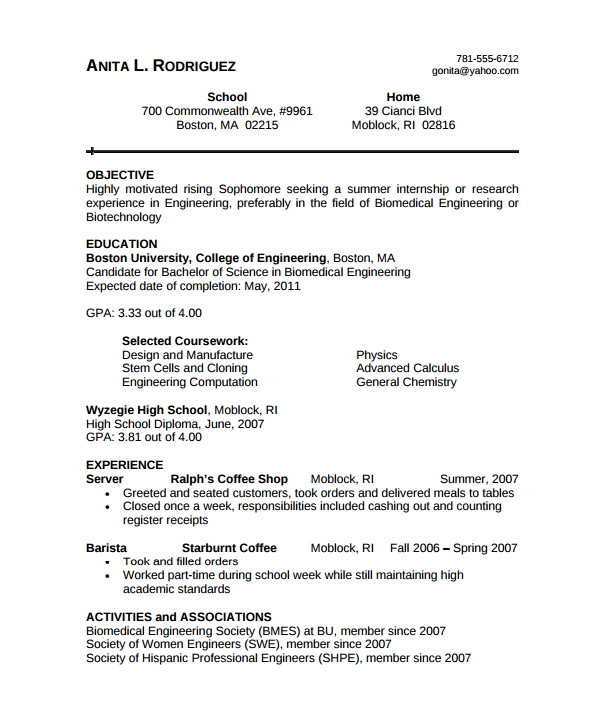 Biomedical Engineering Student Resume Sample Biomedical Engineer Resume 9 Free Documents