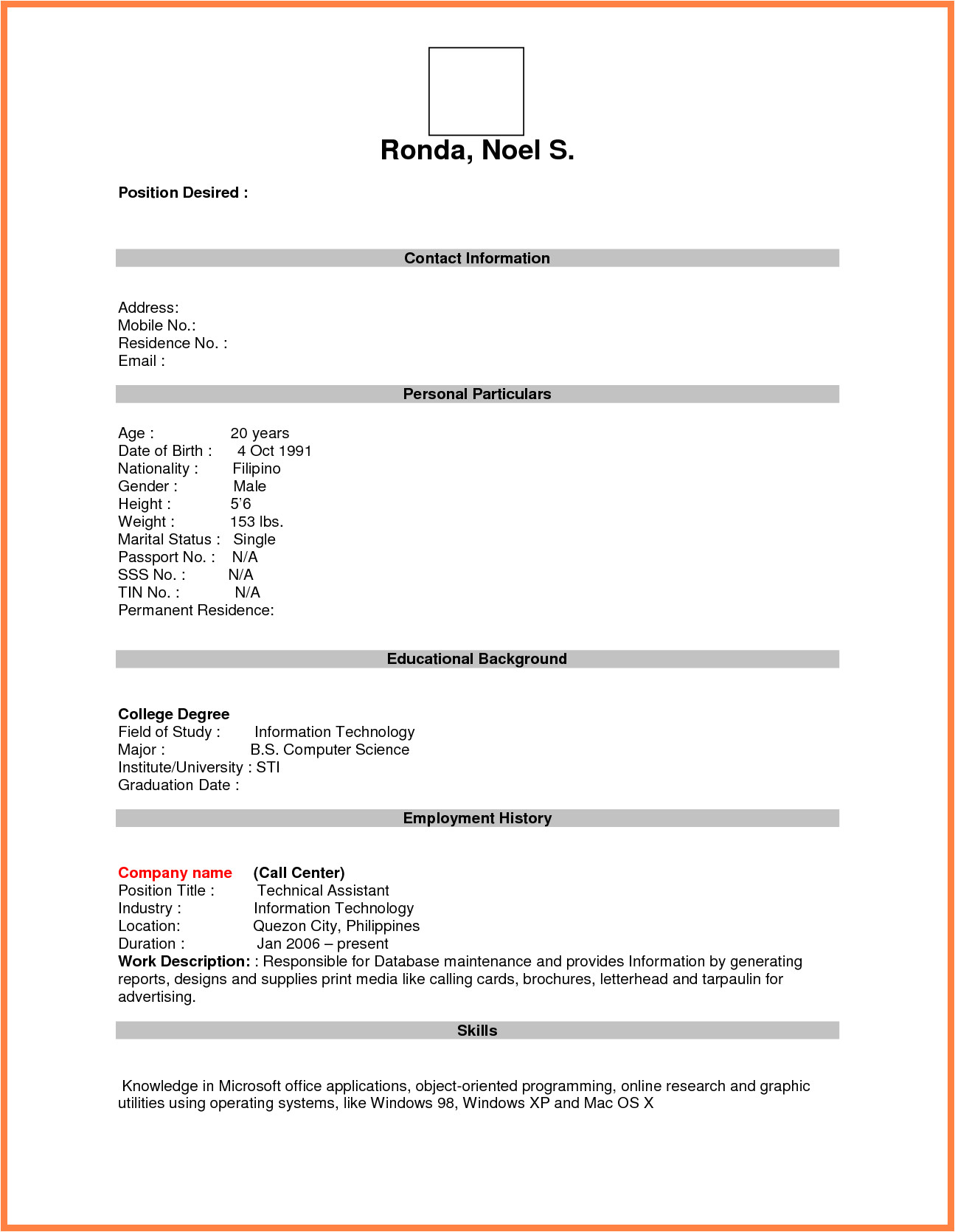 Blank Resume form for Job Application Pdf format for Job Application Pdf Basic Appication Letter