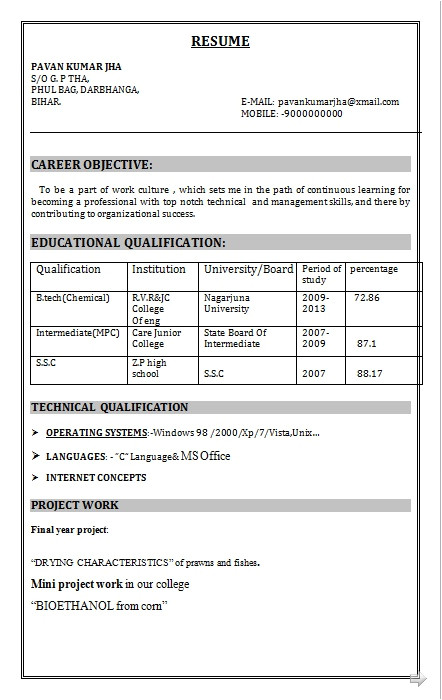 Bsc Fresher Resume format Download Resume Blog Co B Tech Chemical ...