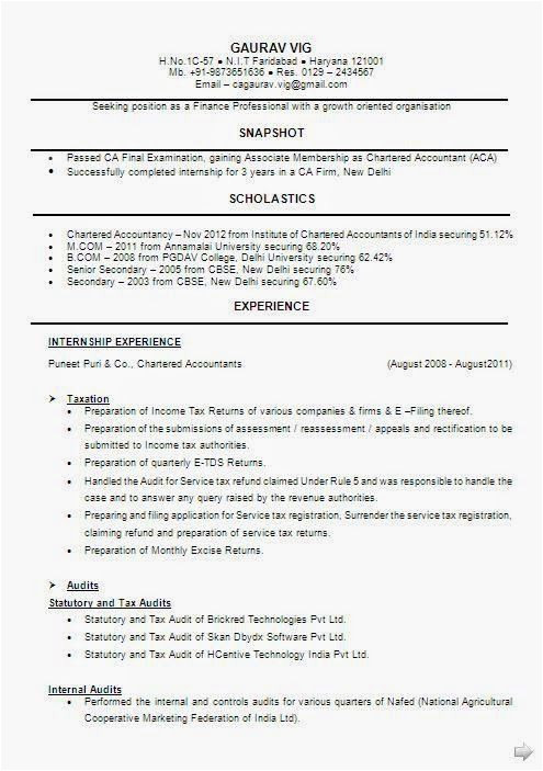 Ca Resume format Word Ca Cv format for Freshers Sample Template Example Of