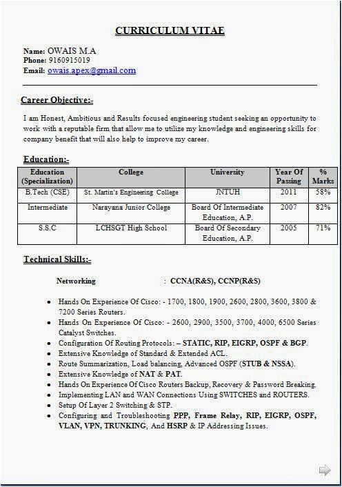 Ccna Resume format for Freshers Ccna Network Engineer Fresher Resume