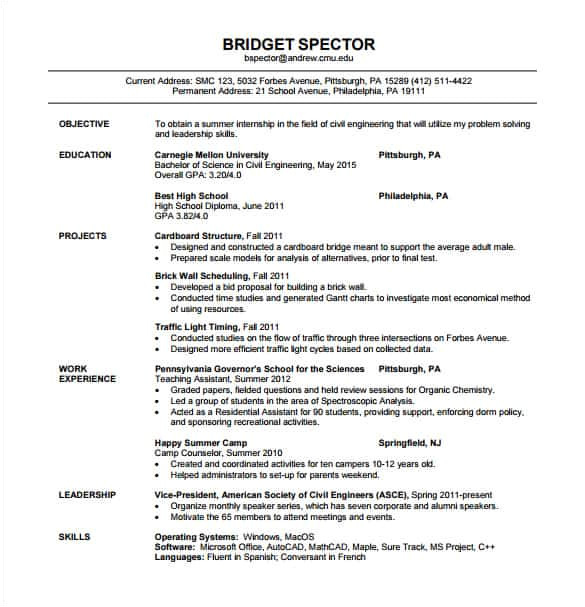 Civil Engineering Fresher Resume format Pdf 14 Resume Templates for Freshers Pdf Doc Free