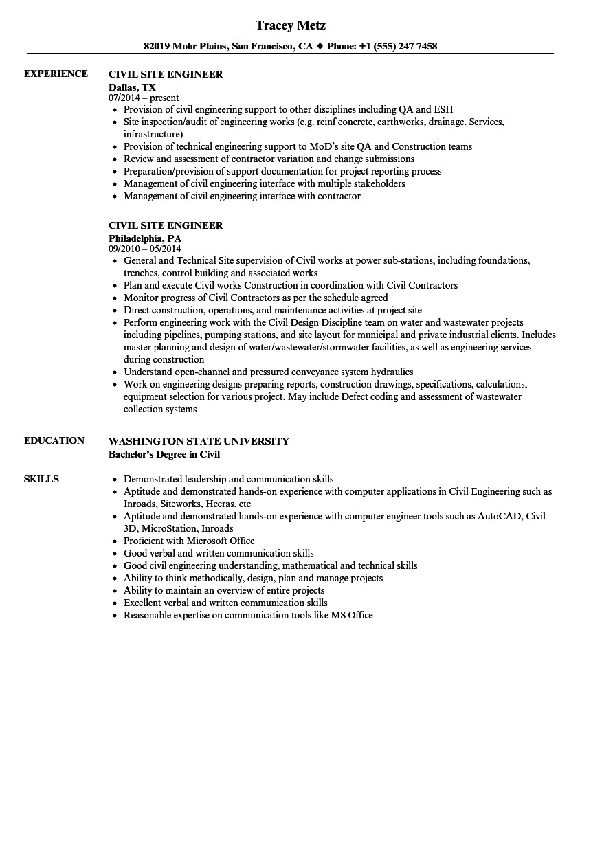 Civil Site Engineer Resume Civil Site Engineer Resume Samples Velvet Jobs