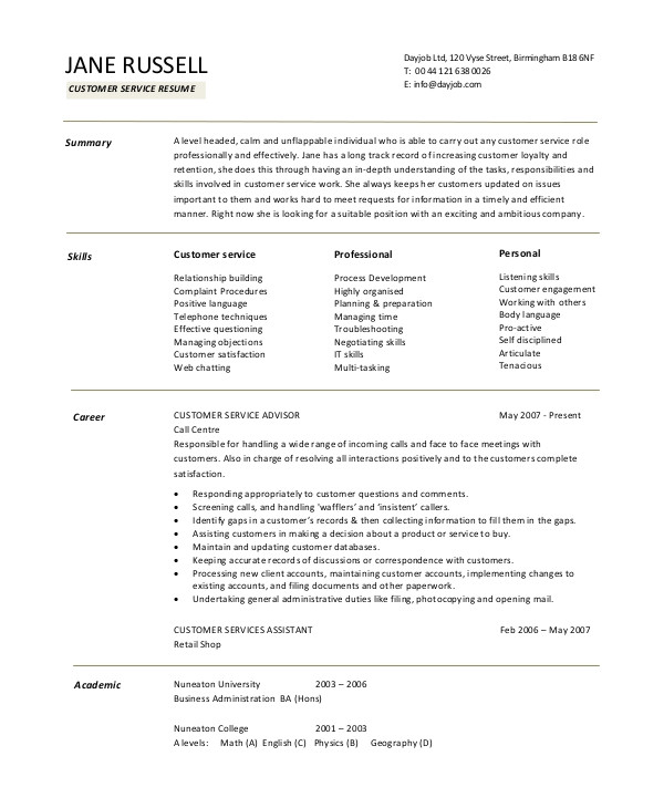 Customer Service Resume Sample Sample Customer Service Objective 8 ...