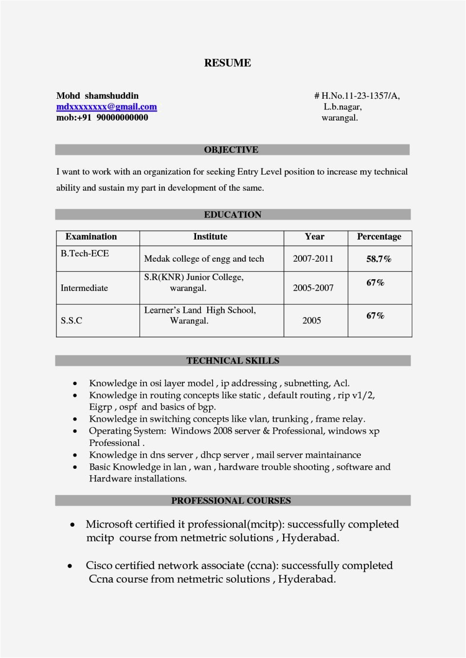 Degree Fresher Resume format Degree Resume for Freshers Resume Template Cover Letter