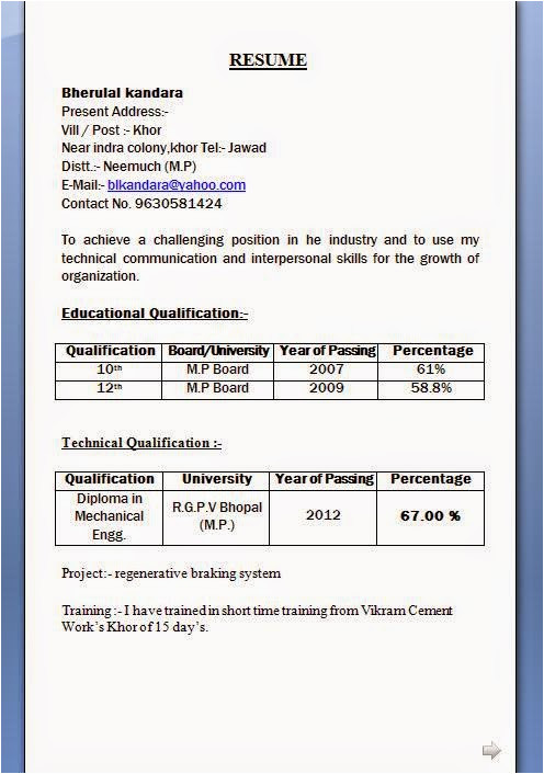 Diploma Resume format Word Mechanical Diploma Resume format for Freshers