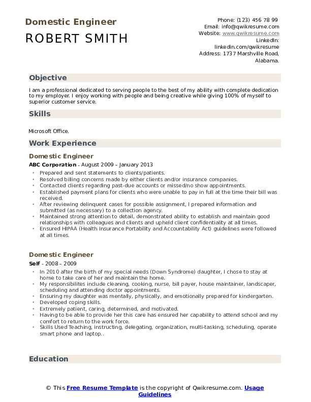 Domestic Engineer Resume Domestic Engineer Resume Samples Qwikresume