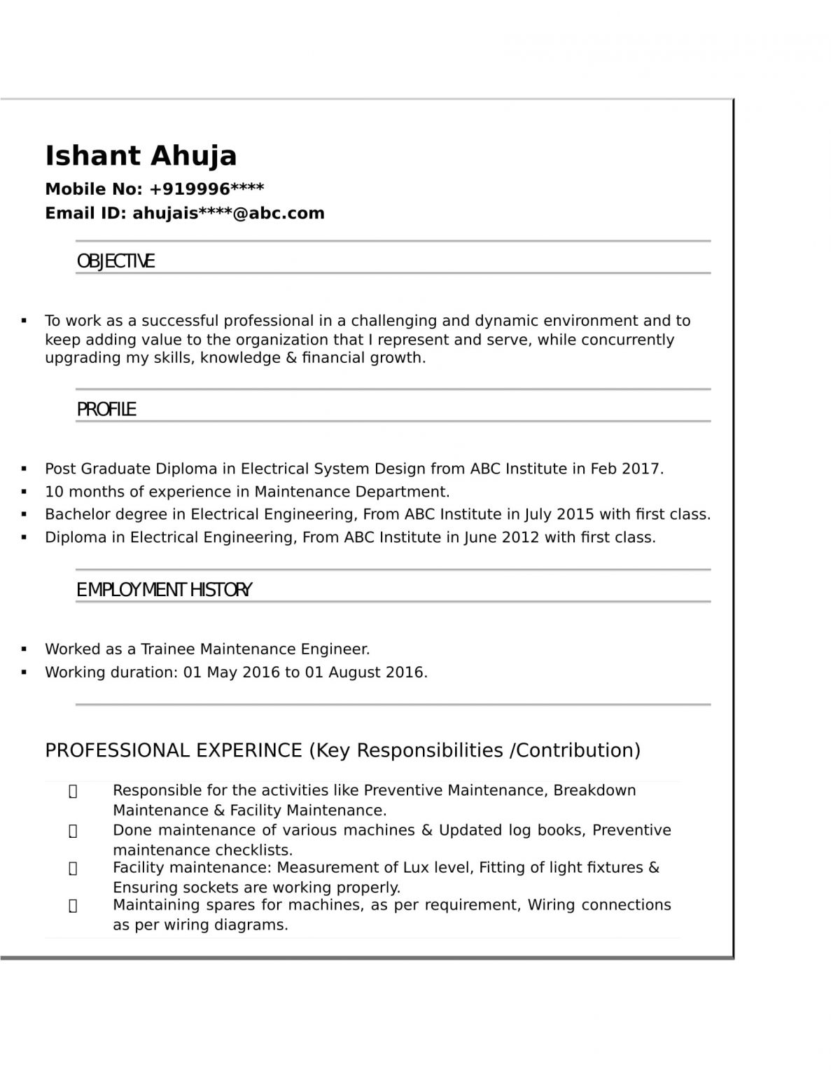 Electrical Engineer Fresher Resume format Resume Templates for ...