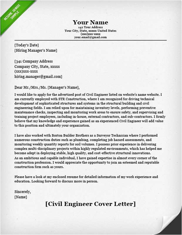 Engineer Resume Cover Letter Template Civil Engineering Resume Sample Resume Genius