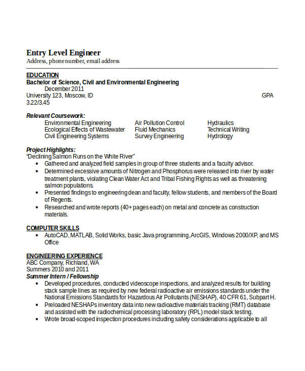 Engineer Resume Entry Level Engineering Resume Template 32 Free Word Documents