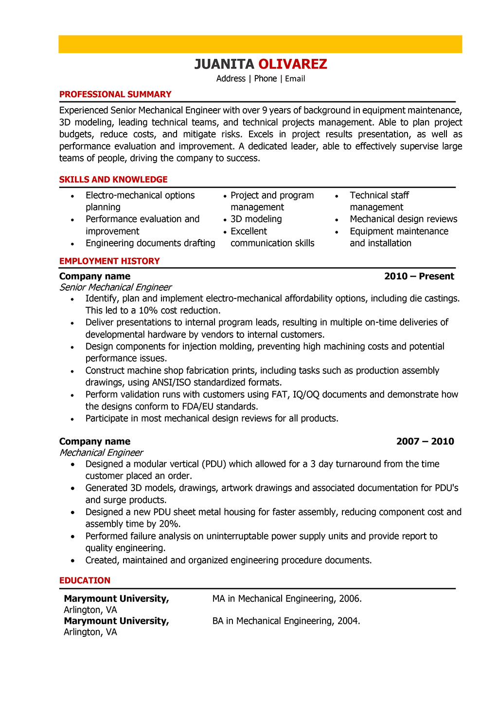 Engineer Resume Font Mechanical Engineer Resume Samples and Writing Guide