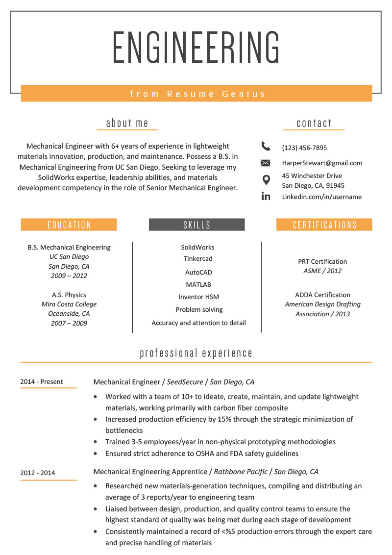 Engineer Resume Profile Engineering Resume Example Writing Tips Resume Genius