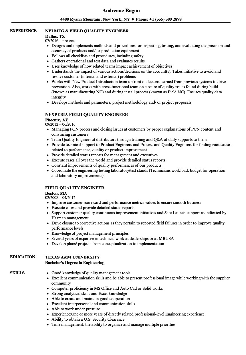 Engineer Resume Qualities Field Quality Engineer Resume Samples Velvet Jobs Williamson Ga Us