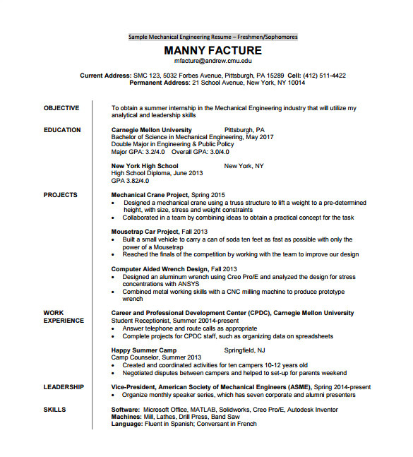 Engineer Resume Sample Pdf Resume Template for Fresher 10 Free Word Excel Pdf