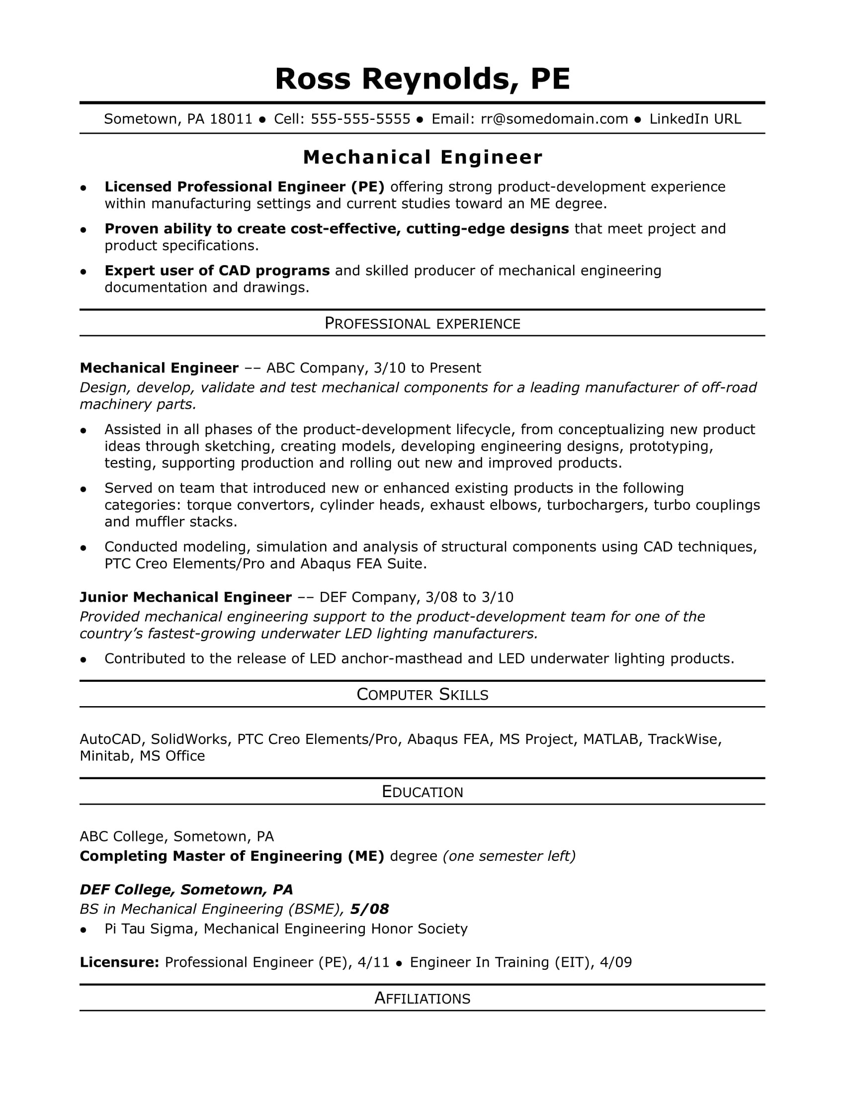 Engineering Skills Resume Sample Resume for A Midlevel Mechanical Engineer Monster Com