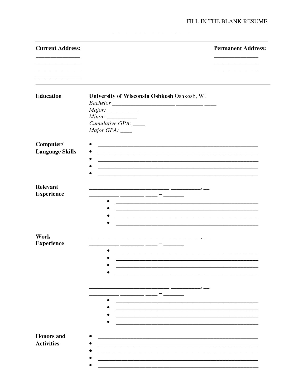 Fill In the Blank Resume for Students Fill In the Blank Resume Pdf Http Www Resumecareer