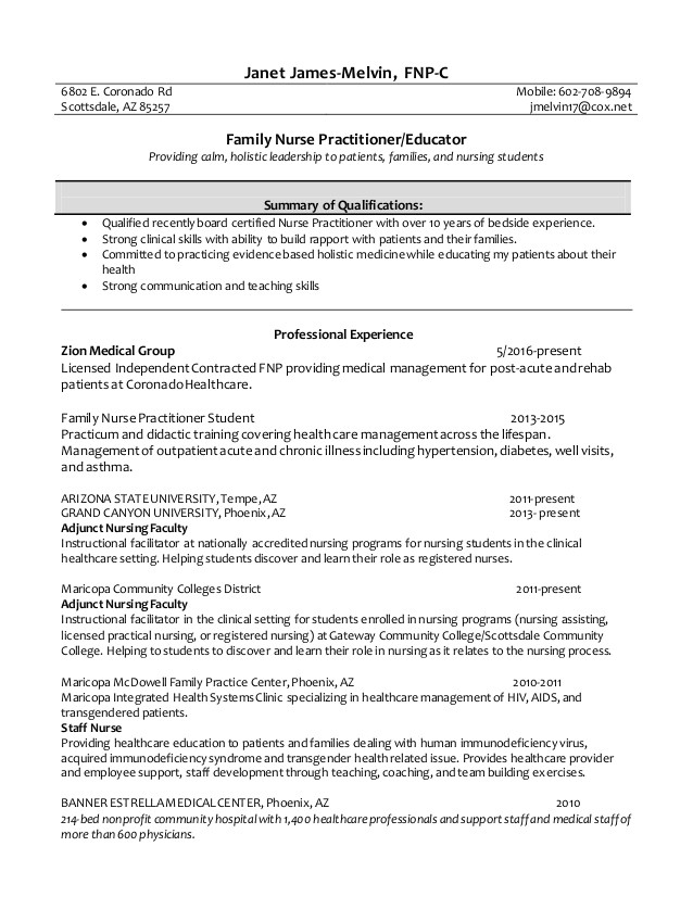 Fnp Student Resume Janet 39 S Fnp Resume