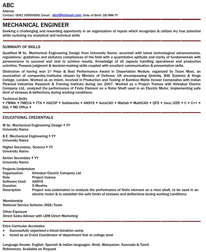 Fresher Mechanical Engineer Resume Doc Williamson ga us