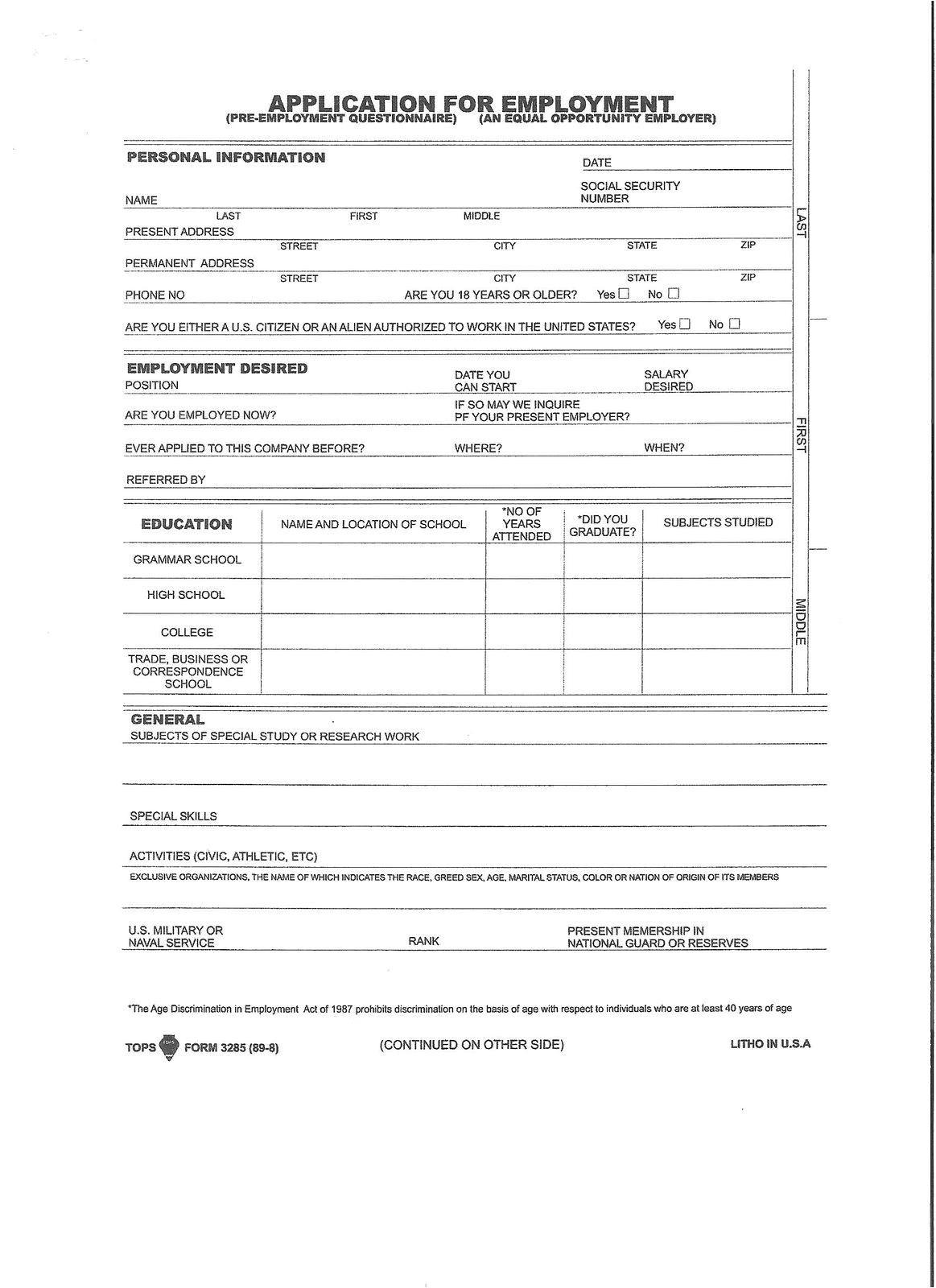 Generic Blank Resume Printable Blank Employment Application forms Employment