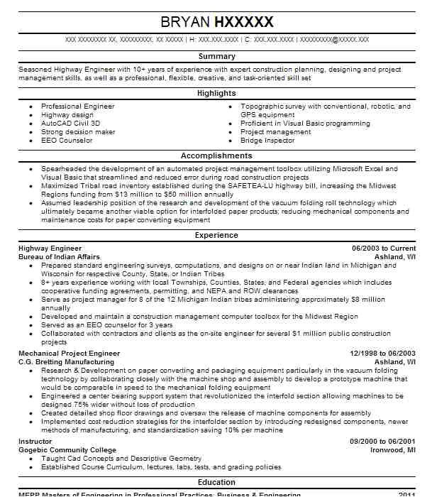 Highway Engineer Resume Highway Engineer Resume Sample Technical Resumes