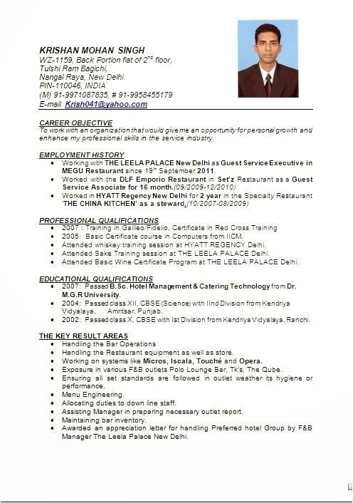 Hotel Management Fresher Resume format Image Result for Resume format for Hotel Management
